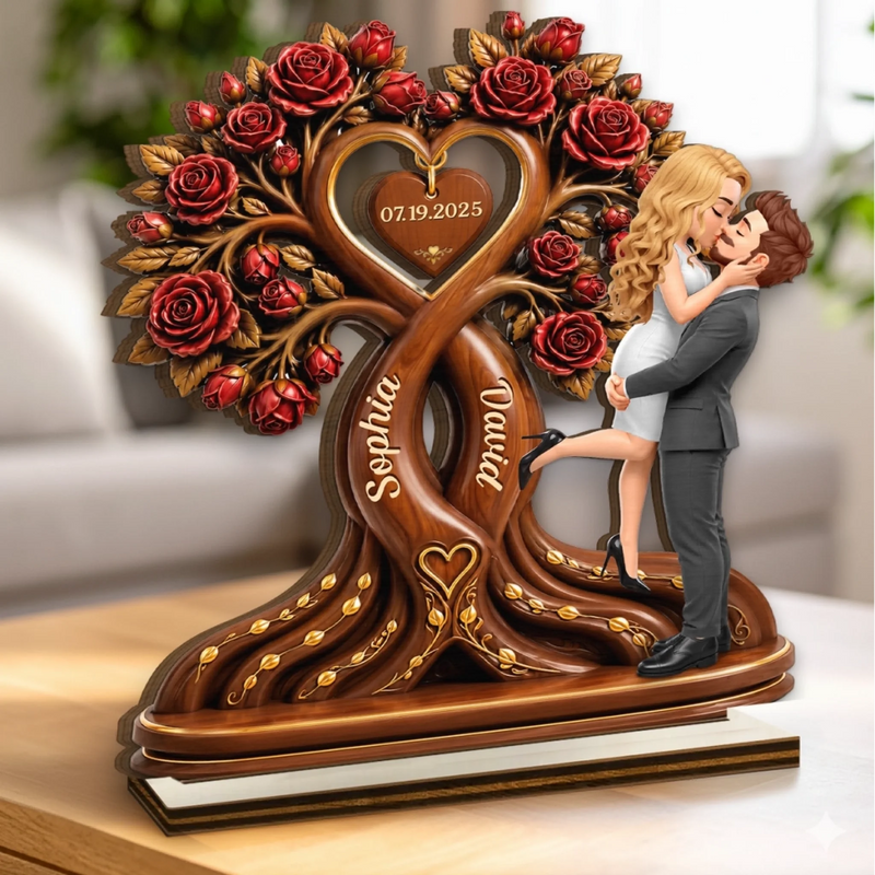 Custom 2-Layered Wooden Plaque - Personalized Anniversary Wedding Gifts For Husband And Wife, Him And Her - Love Blooms Under The Rose Tree