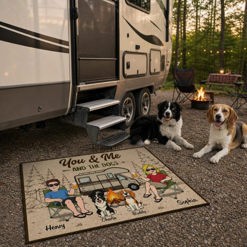 Custom Home Decor Decorative Mat - Personalized Anniversary Wedding Camping Gifts For Campers, Husband And Wife, Him And Her, Dog Lovers - Chillin By The Fire