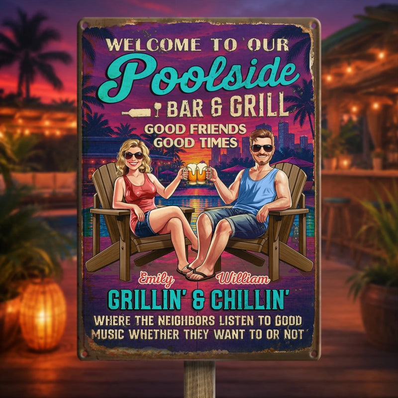 Custom Home Decor Poolside Metal Sign - Personalized Summer Vacation And Travel Gifts For Husband And Wife, Him And Her - Naval Home Sweet Home