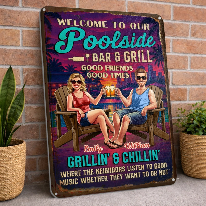 Custom Home Decor Poolside Metal Sign - Personalized Summer Vacation And Travel Gifts For Husband And Wife, Him And Her - Naval Home Sweet Home