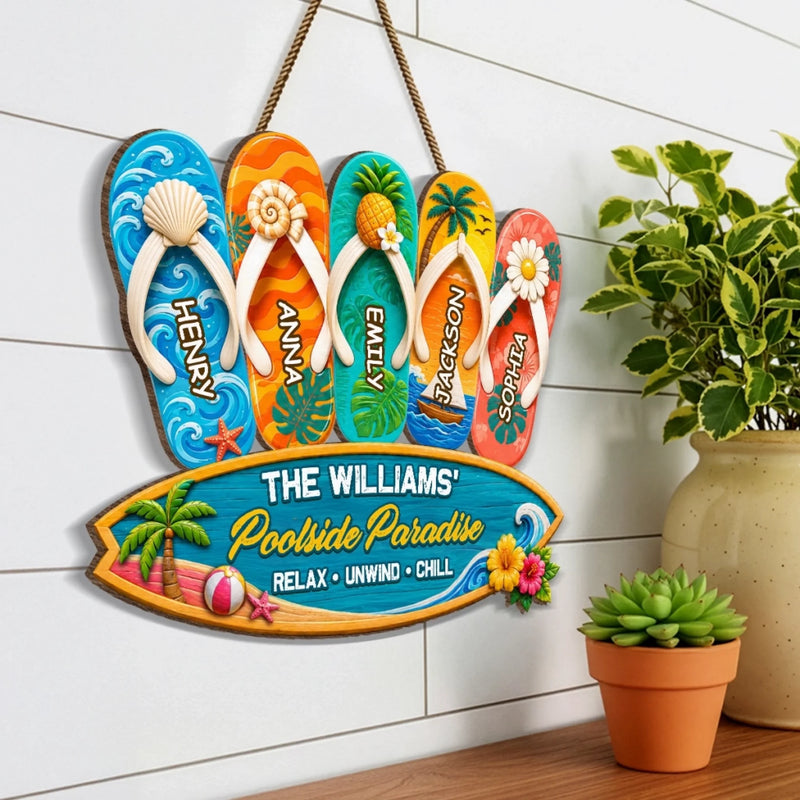 Custom Poolside Wood Sign - Personalized Summer Vacation And Travel Gifts For Mom, Dad, Brother, Sister, Kids - Family Time