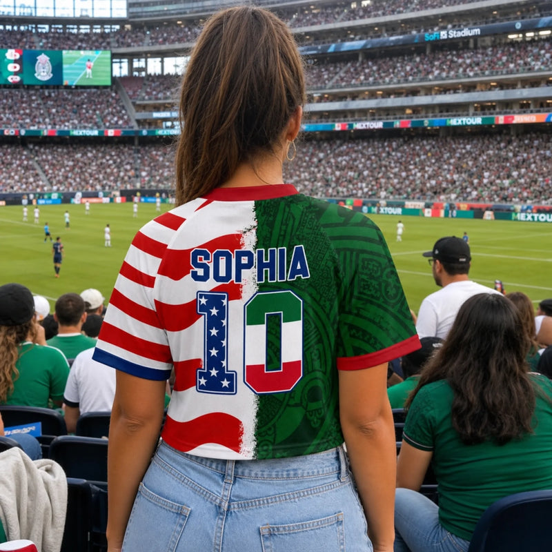 Custom Women's World Football Jersey Crop Tee - Personalized Birthday Gifts For Football Lovers, Sports Fans, Sports Lovers - Best Of Both Worlds On Pitch