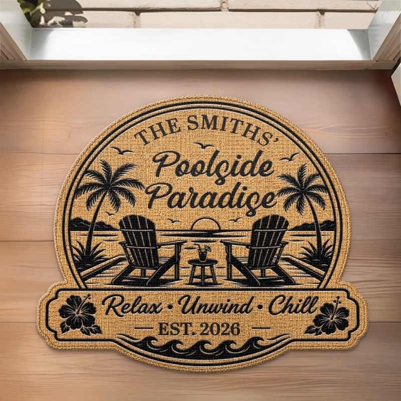 Custom Poolside Shaped Doormat - Personalized Summer Vacation And Travel Gifts For Mom, Dad, Brother, Sister, Kids - Welcome To Our Oasis
