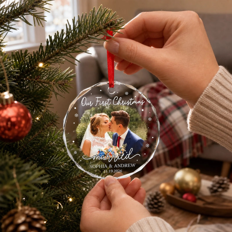 Custom Photo Our First Christmas As Mr & Mrs - Couple Personalized Custom Circle Glass Ornament - Christmas Gift For Husband Wife, Anniversary, First Christmas