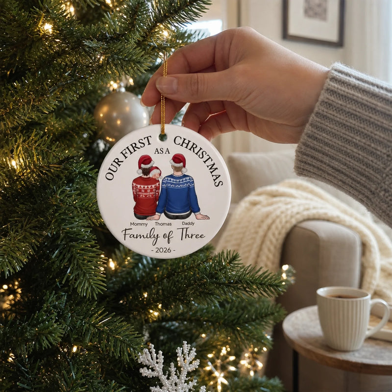 Our First Christmas As A Family - Family Personalized Custom Ornament - Ceramic Round Shaped - Christmas Gift For Family Members, Baby Kids, Newborn Baby, First Christmas