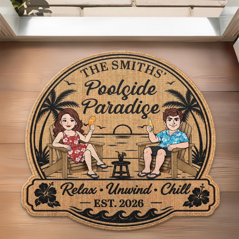 Custom Poolside Shaped Doormat - Personalized Summer Vacation And Travel Gifts For Husband And Wife, Him And Her - Home Sweet Poolside Home