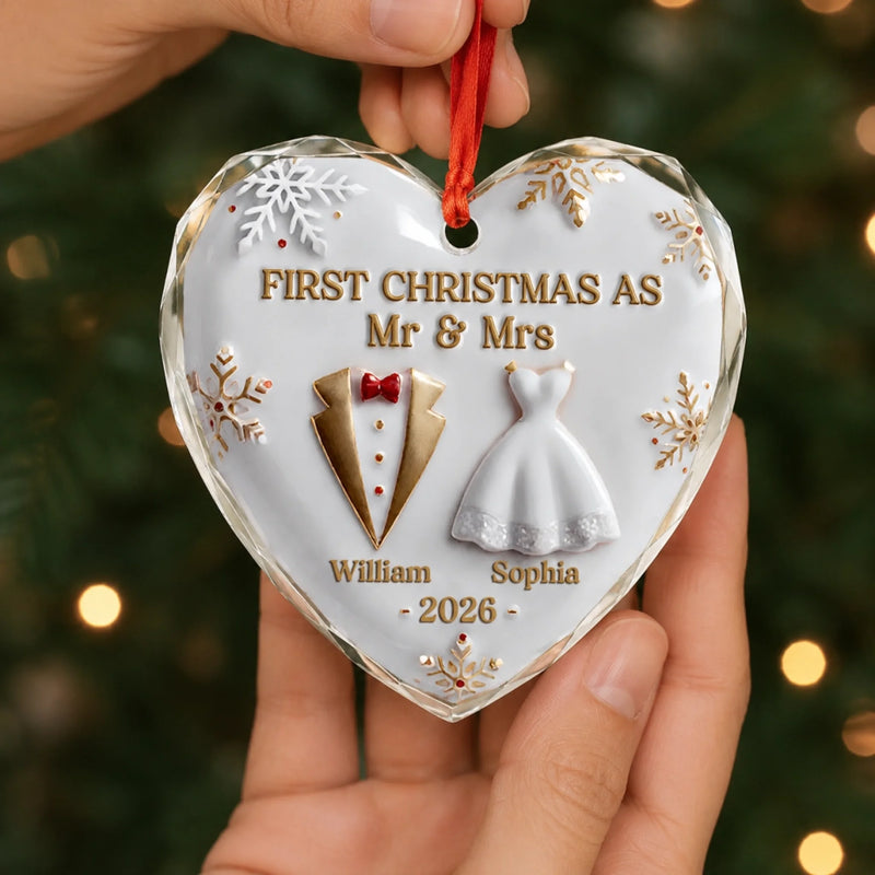 Custom Heart Glass Ornament - Personalized Anniversary Christmas Wedding Gifts For Husband And Wife, Him And Her - Our First Christmas Together