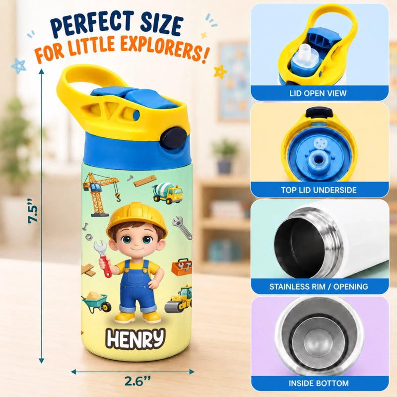 Custom Photo Kids Insulated Water Bottle - Personalized Back To School Gifts For Kids - Little Fixer