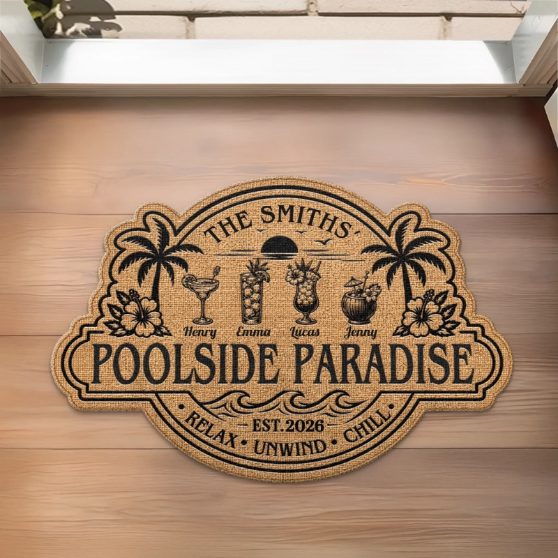 Custom Poolside Shaped Doormat - Personalized Summer Vacation And Travel Gifts For Mom, Dad, Brother, Sister - Our Summer Oasis