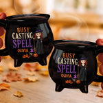 Custom 12oz Ceramic Cauldron Coffee Mug - Personalized Halloween Witchy Gifts For Wife, Daughter, Besties, Sisters, Granddaughter, Grandma, Mom, Yourself - Busy Brewing Up Some Magic