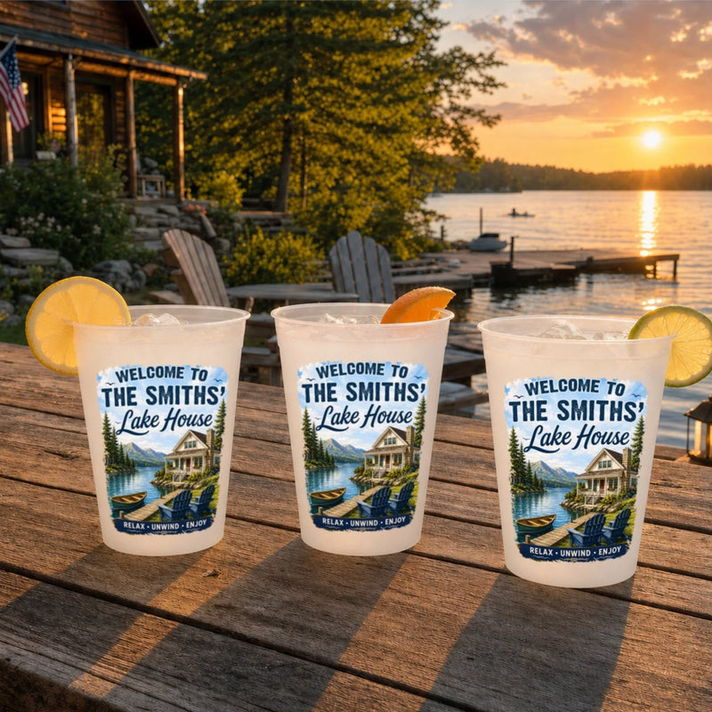 Custom Lake House Party Cups - Personalized Summer Vacation And Travel Gifts For Mom, Dad, Brother, Sister - Welcome To Our Lakeside Haven