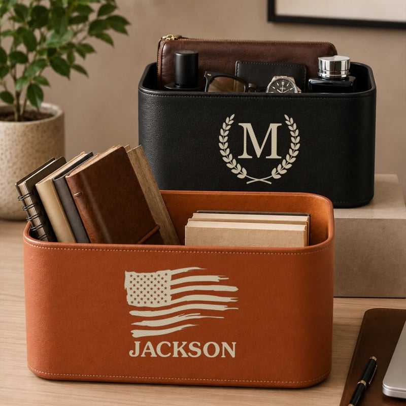 Custom Leather Storage Basket - Personalized Birthday Gifts For Husband, Son, Grandson, Brother, Grandpa, Dad, Yourself - Made For Adventure