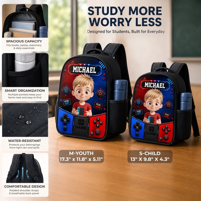 Custom Kids Backpack & Water Bottle Set - Personalized Back To School Gifts For Kids - Level Up Learning