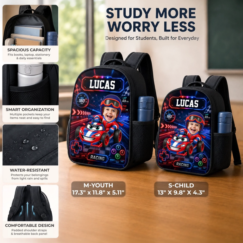 Custom Photo Kids Backpack & Water Bottle Set - Personalized Back To School Gifts For Kids - Fast Lane Ahead