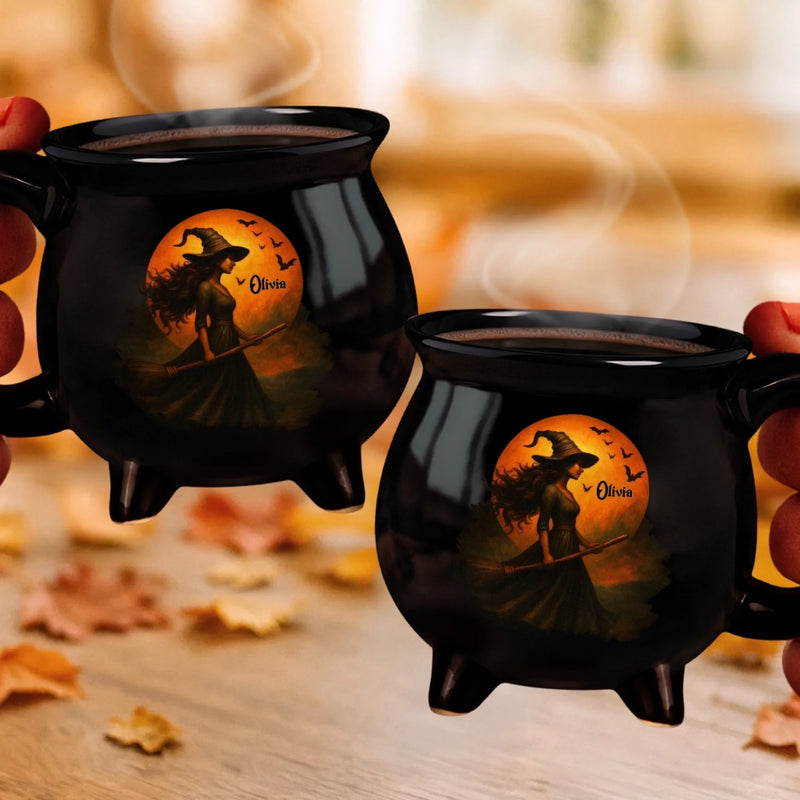 Custom Witch Cauldron Coffee Mug - Personalized Halloween Witchy Gifts For Besties, Sisters, BFF, Family, Yourself - Brewing Up A Wicked Spell