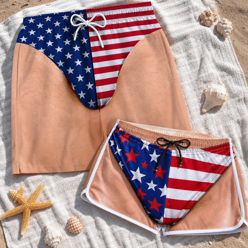 Custom Funny Patriotic Couple Beach Shorts - Personalized Summer Vacation And Travel Gifts For Husband And Wife, Him And Her - Best Beach Days With You