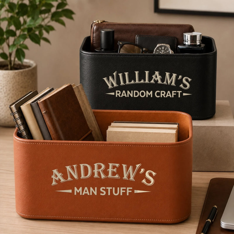 Custom Leather Storage Basket - Personalized Birthday Gifts For Husband, Son, Grandson, Brother, Grandpa, Dad, Yourself - Man Stuff
