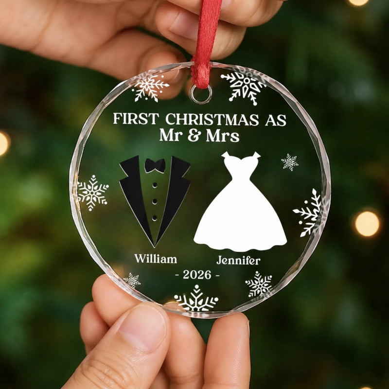 Custom Heart, Round Glass Ornament - Personalized Anniversary Christmas Wedding Gifts For Husband And Wife, Him And Her - Our First Christmas As Mr & Mrs
