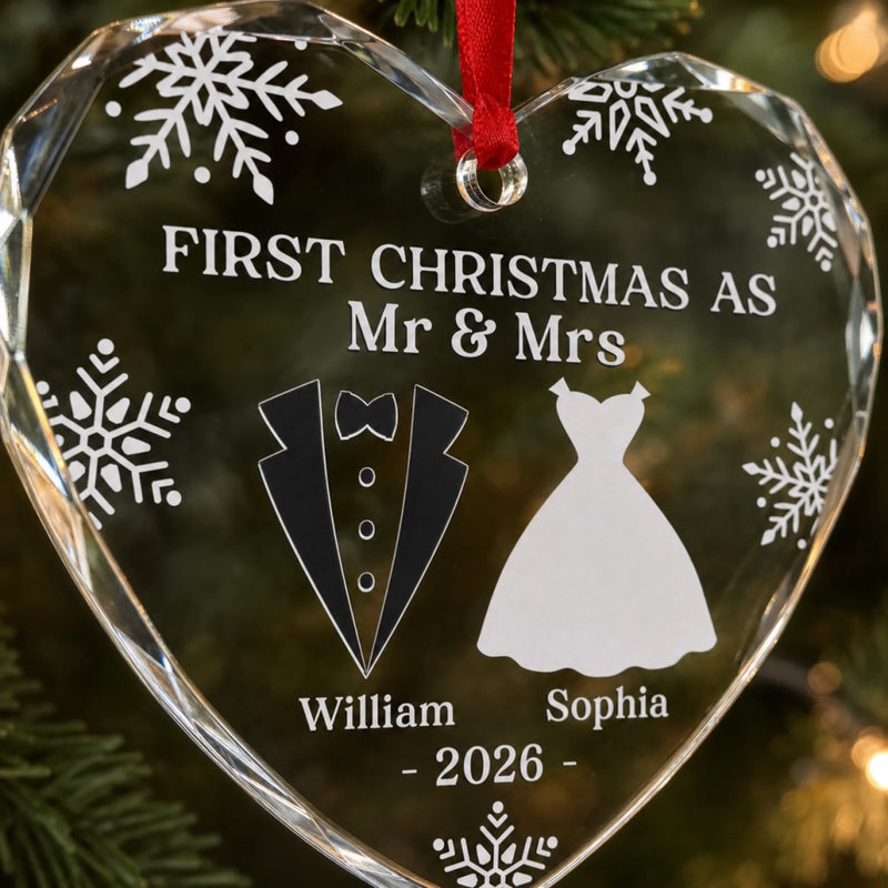 Custom Heart, Round Glass Ornament - Personalized Anniversary Christmas Wedding Gifts For Husband And Wife, Him And Her - Our First Christmas As Mr & Mrs