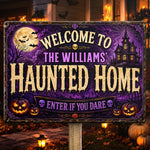 Custom Haunted Home Decor Metal Sign - Personalized Halloween Birthday Gifts For Mom, Dad, Brother, Sister - Monsters Welcome, Humans Beware