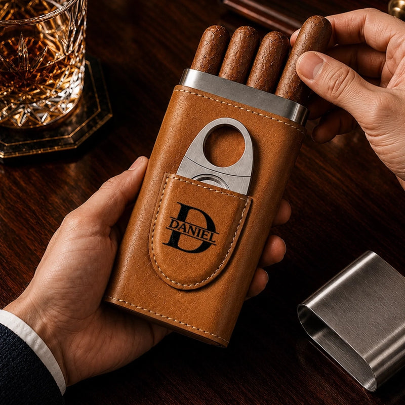 Custom Cigar Leather Case With Cutter - Personalized Birthday Gifts For Husband, Son, Grandson, Brother, Grandpa, Dad, Yourself - Smoke Slow Live Well