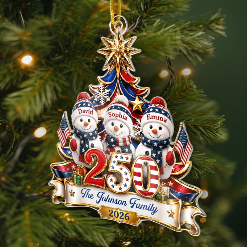 Custom Snowman Acrylic Ornament - Personalized America 250th Anniversary Christmas Gifts For Mom, Dad, Brother, Sister - United In Love Proud In Spirit