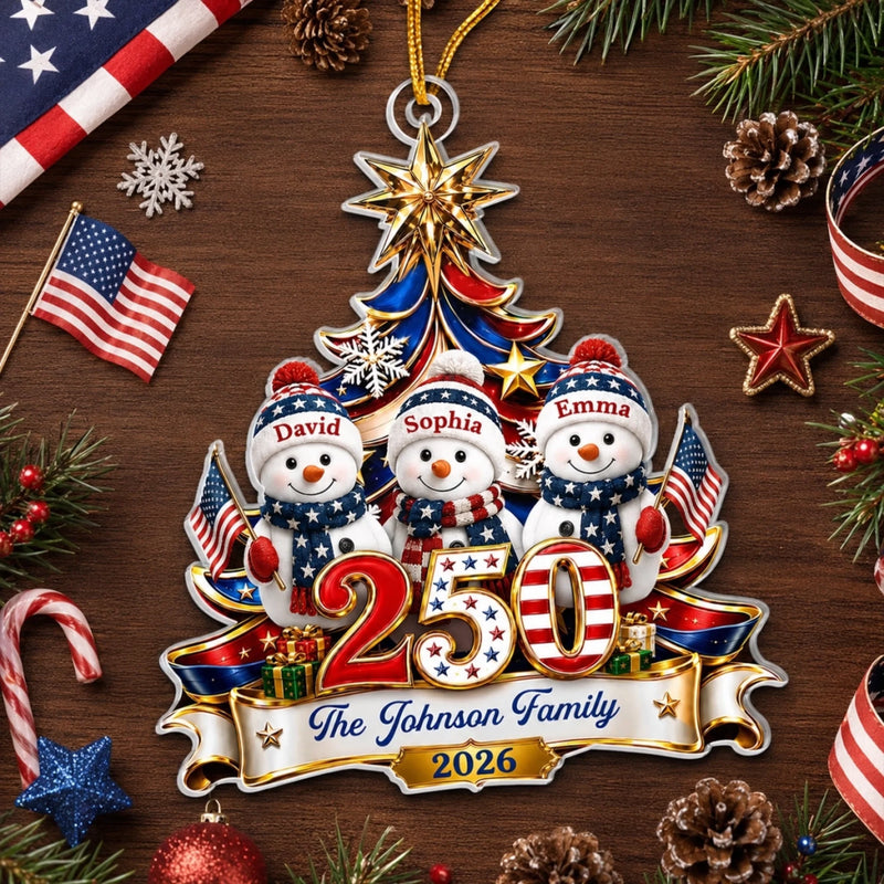 Custom Snowman Acrylic Ornament - Personalized America 250th Anniversary Christmas Gifts For Mom, Dad, Brother, Sister - United In Love Proud In Spirit
