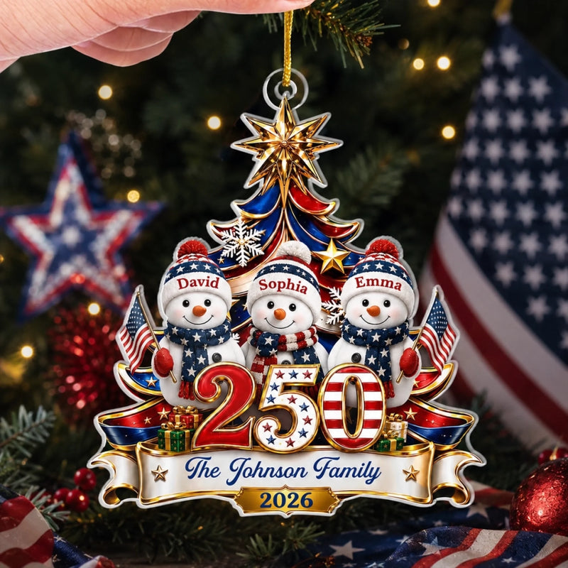 Custom Snowman Acrylic Ornament - Personalized America 250th Anniversary Christmas Gifts For Mom, Dad, Brother, Sister - United In Love Proud In Spirit
