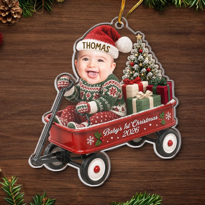 Custom Photo First Christmas Acrylic Ornament - Personalized Christmas Baby Shower, Gender Reveal Gifts For New Moms, New Dads, New Parents - A Wagon Full Of Pure Happiness