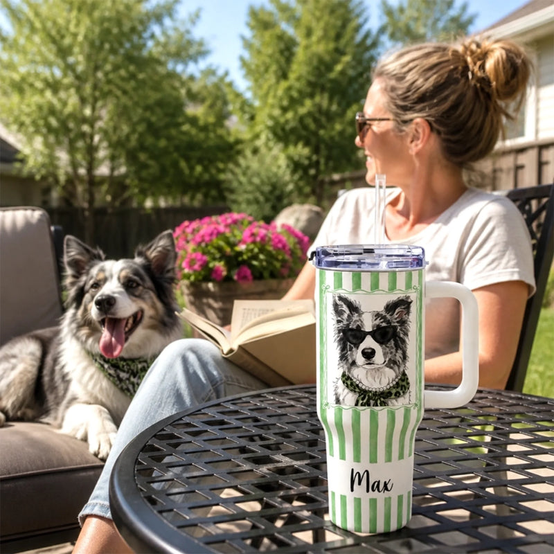 Custom Photo 40 Oz Stainless Steel Tumbler With Handle - Personalized Birthday Gifts For Dog Cat Lovers, Dog Dad And Mom, Cat Owners - Good Drinks, Happy Paws