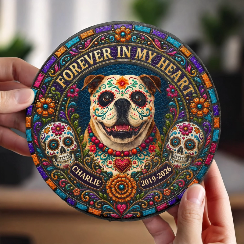 Custom Photo Day Of The Dead Round Shaped Stone With Stand - Personalized Pet Memorial Sympathy Gifts For Dogs, Cats - Forever My Angel Pup