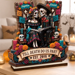 Custom Day Of The Dead 2-Layered Wooden Plaque - Personalized Halloween Decor, Anniversary Wedding Gifts For Husband And Wife, Him And Her - Eternal Skeletal Love
