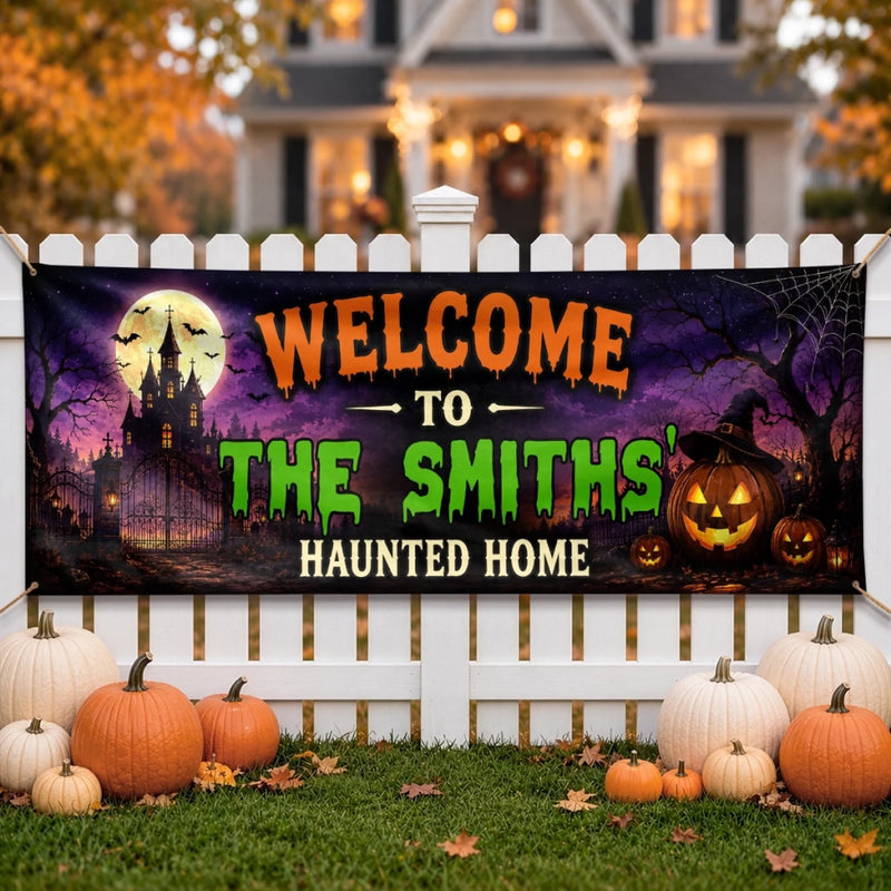Custom Haunted Home Outdoor Banner - Personalized Halloween Decor Gifts For Mom, Dad, Brother, Sister - Creep It Real This Halloween