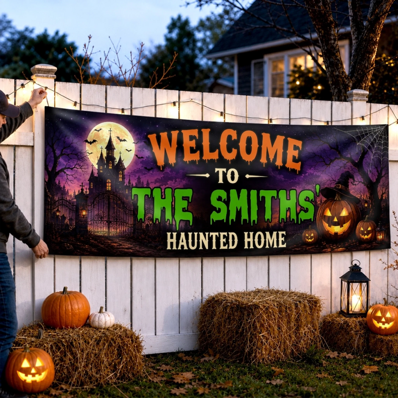 Custom Haunted Home Outdoor Banner - Personalized Halloween Decor Gifts For For Mom, Dad, Brother, Sister - Creep It Real This Halloween