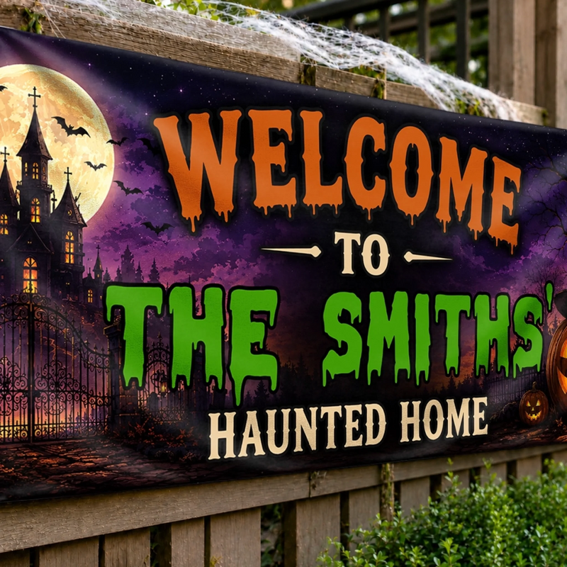 Custom Haunted Home Outdoor Banner - Personalized Halloween Decor Gifts For Mom, Dad, Brother, Sister - Creep It Real This Halloween