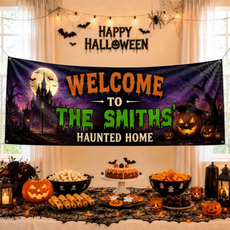 Custom Haunted Home Outdoor Banner - Personalized Halloween Decor Gifts For Mom, Dad, Brother, Sister - Creep It Real This Halloween