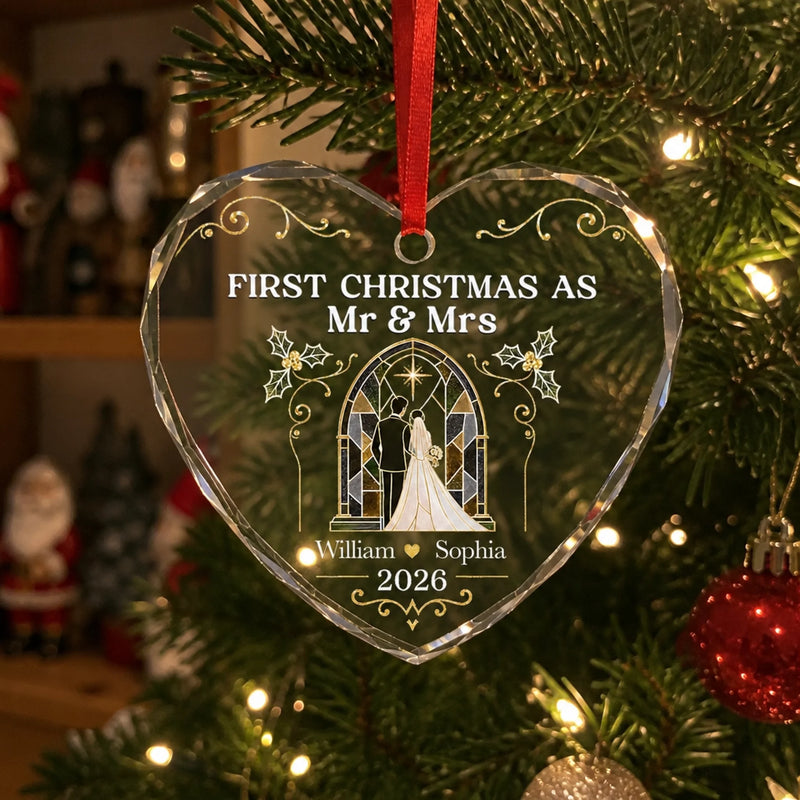 Custom First Christmas Heart Glass Ornament - Personalized Anniversary Christmas Wedding Gifts For Husband And Wife, Him And Her - Forever Starts Now