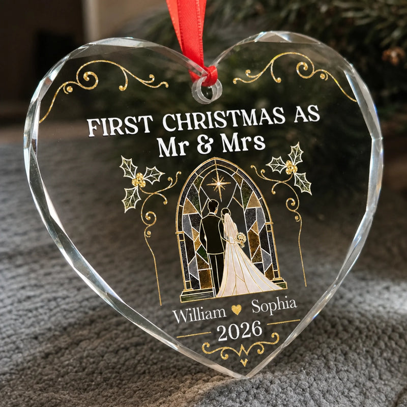 Custom First Christmas Heart Glass Ornament - Personalized Anniversary Christmas Wedding Gifts For Husband And Wife, Him And Her - Forever Starts Now