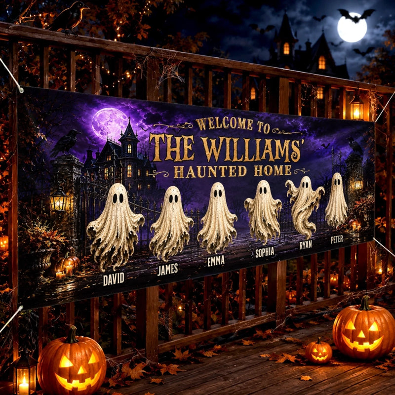 Custom Haunted Home Outdoor Banner - Personalized Halloween Decor Gifts For Mom, Dad, Brother, Sister - Beware Of Our House