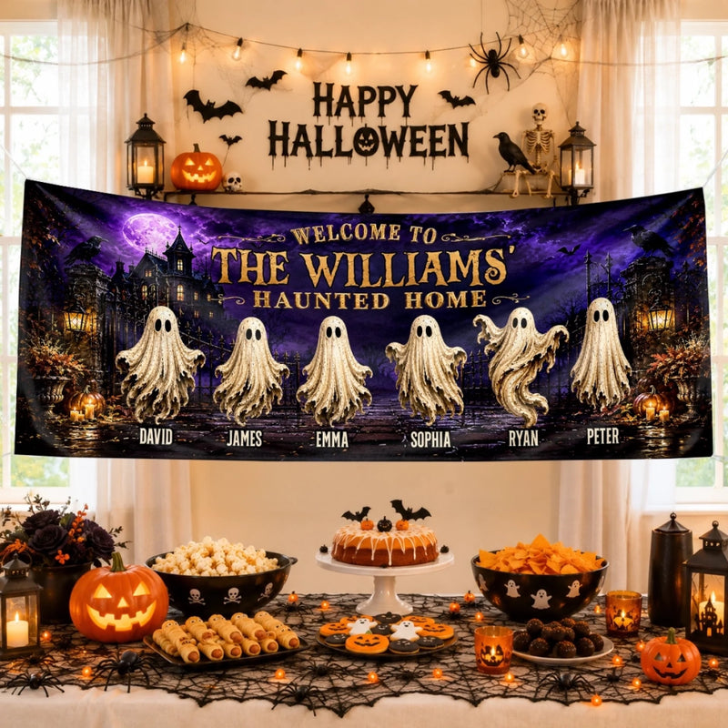 Custom Haunted Home Outdoor Banner - Personalized Halloween Decor Gifts For Mom, Dad, Brother, Sister - Beware Of Our House