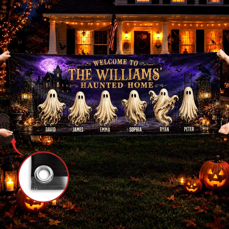 Custom Haunted Home Outdoor Banner - Personalized Halloween Decor Gifts For Mom, Dad, Brother, Sister - Beware Of Our House