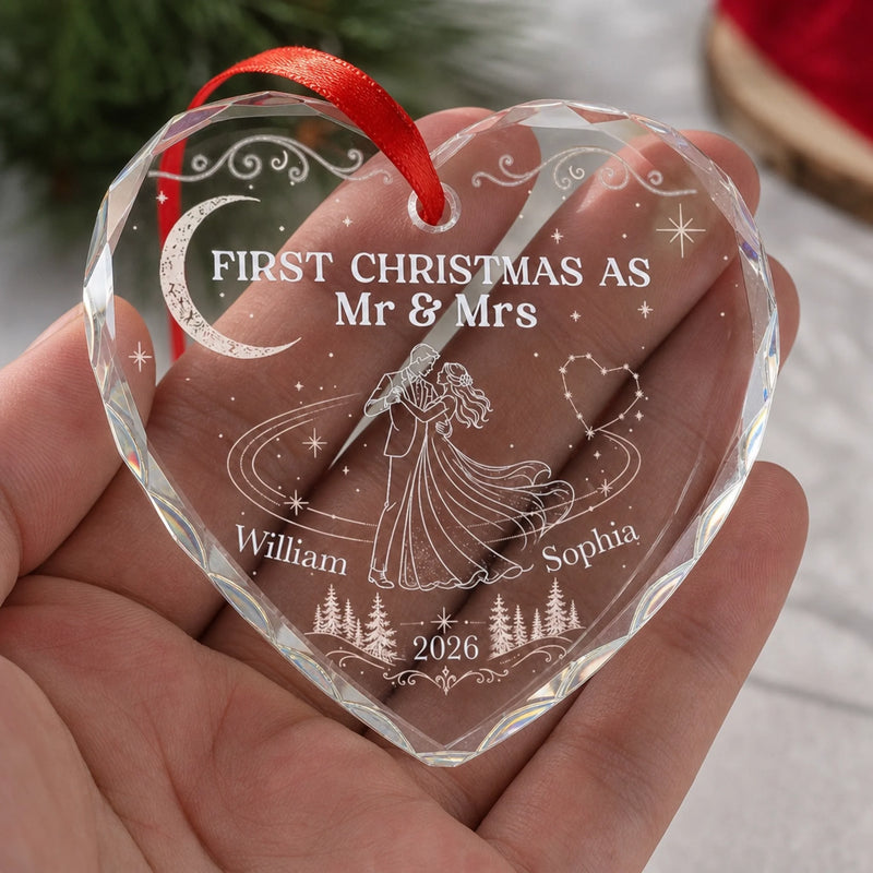 Custom First Christmas Heart Glass Ornament - Personalized Anniversary Christmas Wedding Gifts For Husband And Wife, Him And Her - Officially Mr & Mrs