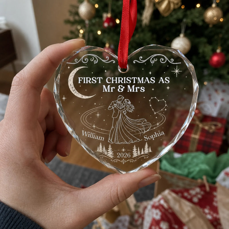Custom First Christmas Heart Glass Ornament - Personalized Anniversary Christmas Wedding Gifts For Husband And Wife, Him And Her - Officially Mr & Mrs
