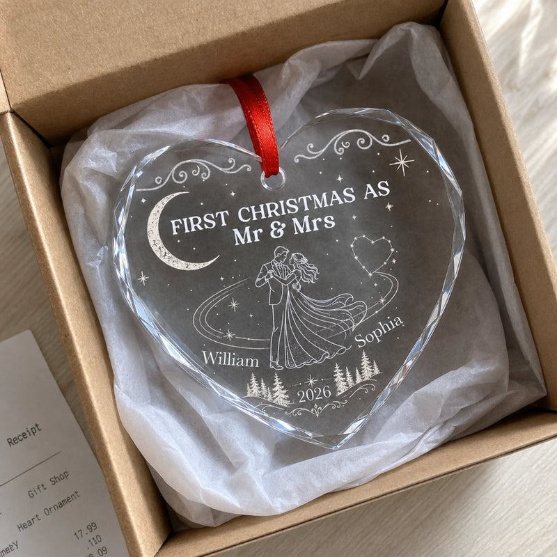 Custom First Christmas Heart Glass Ornament - Personalized Anniversary Christmas Wedding Gifts For Husband And Wife, Him And Her - Officially Mr & Mrs