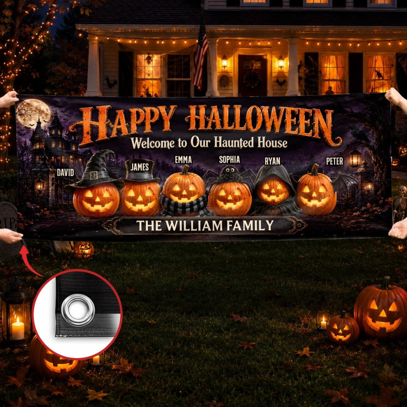 Custom Haunted Home Outdoor Banner - Personalized Halloween Decor Gifts For Mom, Dad, Brother, Sister - Welcome To The Spooky House