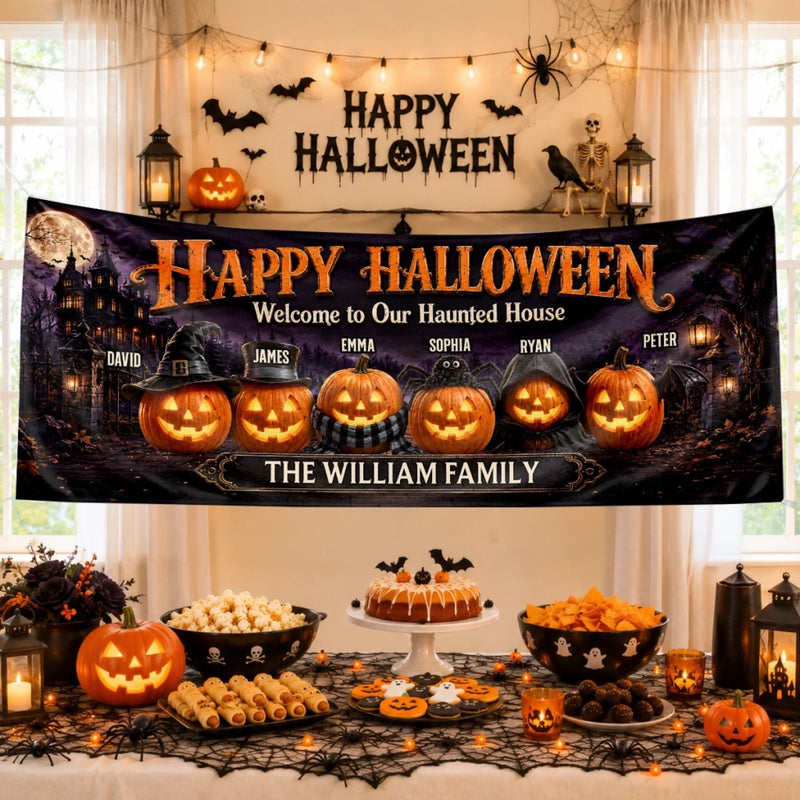 Custom Haunted Home Outdoor Banner - Personalized Halloween Decor Gifts For Mom, Dad, Brother, Sister - Welcome To The Spooky House