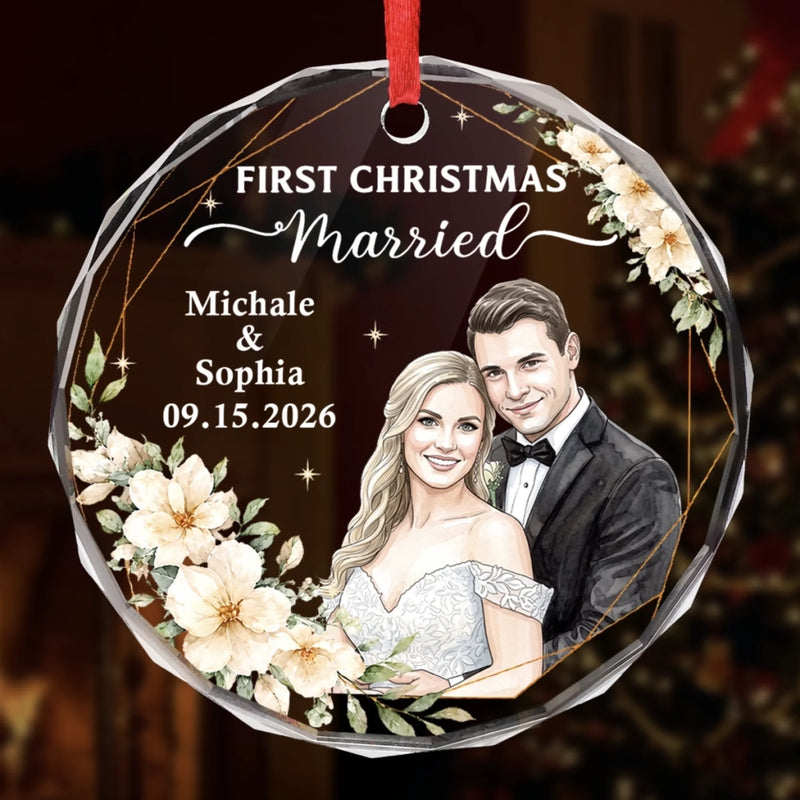 Custom Photo First Christmas Circle Glass Ornament - Personalized Anniversary Christmas Wedding Gifts For Husband And Wife, Him And Her - Treasured Winter Love Story