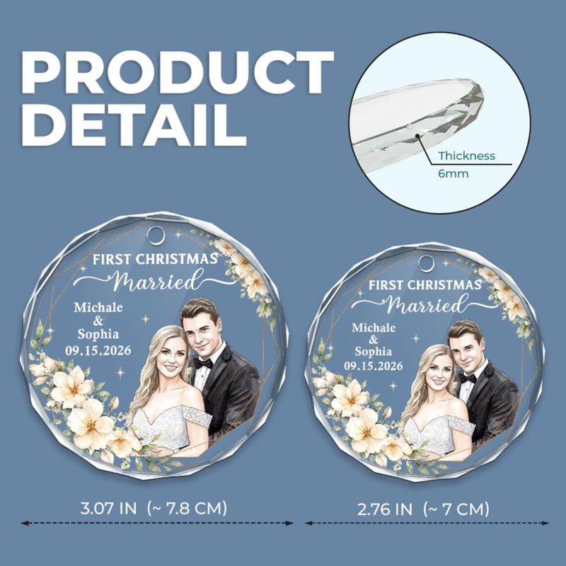 Custom Photo First Christmas Circle Glass Ornament - Personalized Anniversary Christmas Wedding Gifts For Husband And Wife, Him And Her - Treasured Winter Love Story