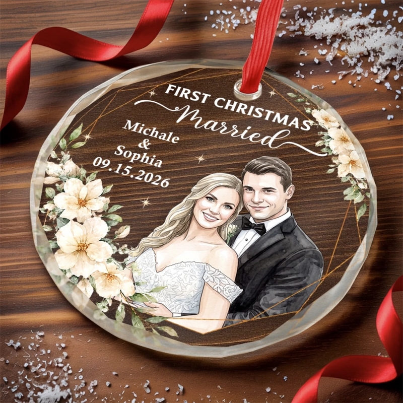Custom Photo First Christmas Circle Glass Ornament - Personalized Anniversary Christmas Wedding Gifts For Husband And Wife, Him And Her - Treasured Winter Love Story