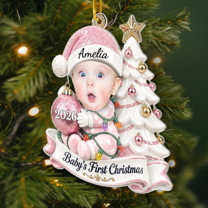 Custom Photo First Christmas Acrylic Ornament - Personalized Christmas Baby Shower, Gender Reveal Gifts For New Moms, New Dads, New Parents - Little Hands Big Love